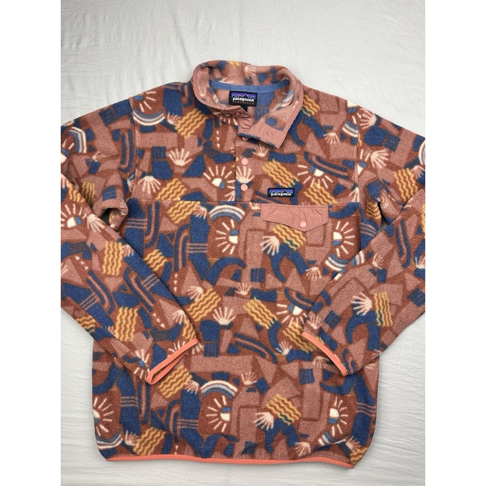 Patagonia Pink Blue Brown Patterned Synchilla Pullover
